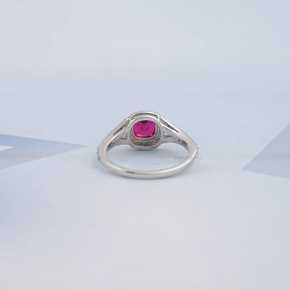 Cushion Cut Red Ruby Split Shank Halo Engagement Ring Ring