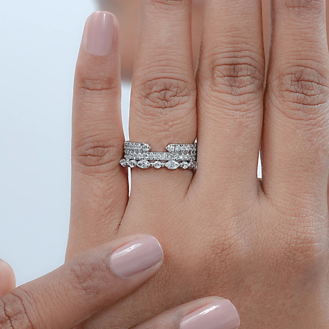 Three Row Round and Marquise Cut Half Eternity Band Rings