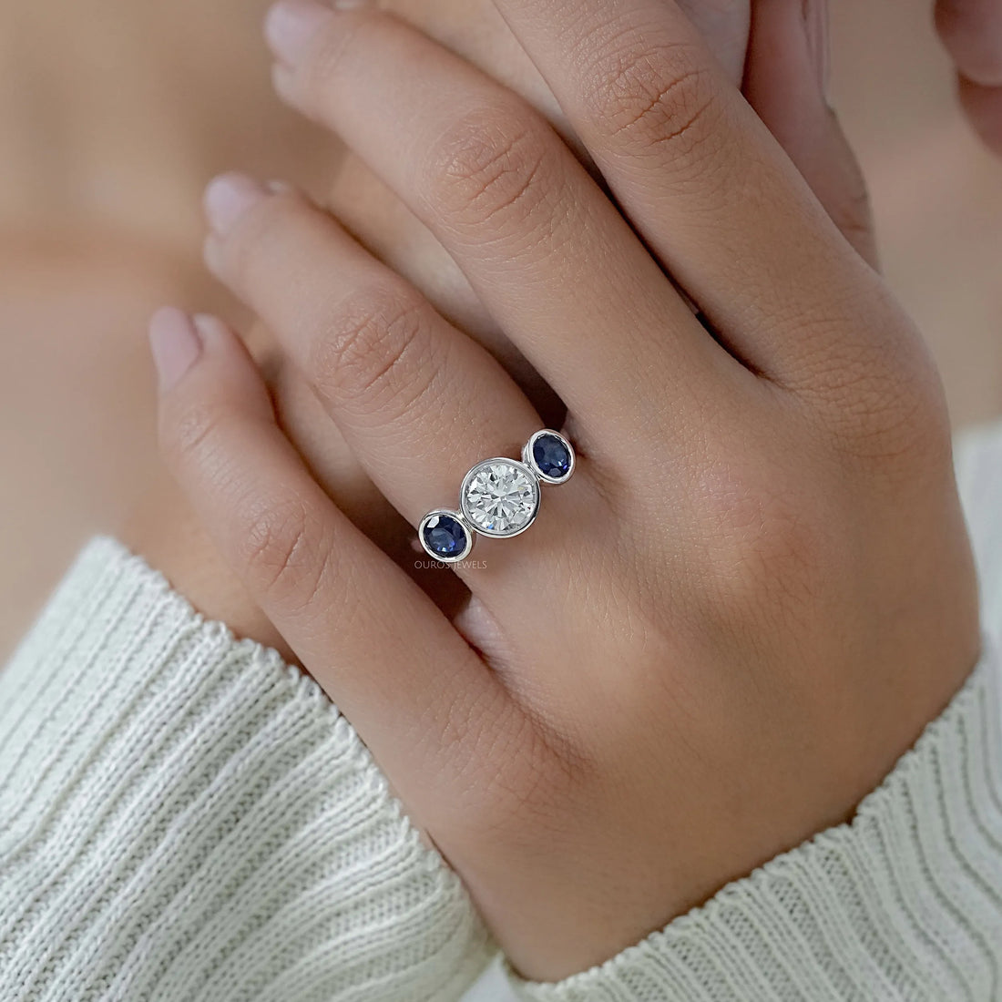 Three Stone Sapphire Gemstone Bezel Set Ring Ring
