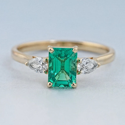 Emerald Gemstone And Pear Diamond Trio Engagement Ring Rings