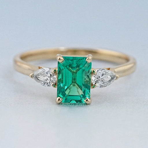 Emerald Gemstone And Pear Diamond Trio Engagement Ring Rings
