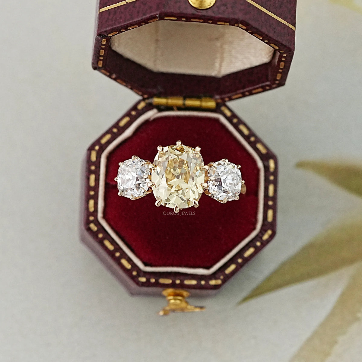 Fancy Yellow Old Mine Cushion Diamond Three Stone Ring Rings