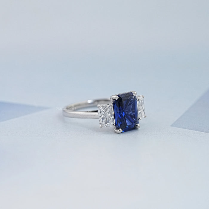 Sapphire Radiant And Lab Diamond Three Stone Ring