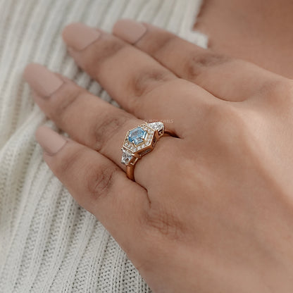 3 Stone Blue Hexagon Cut Halo Diamond Engagement Ring Ring