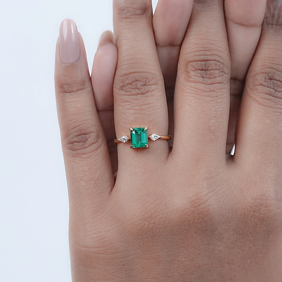 Emerald Gemstone And Kite Cut Three Stone Engagement Ring Rings