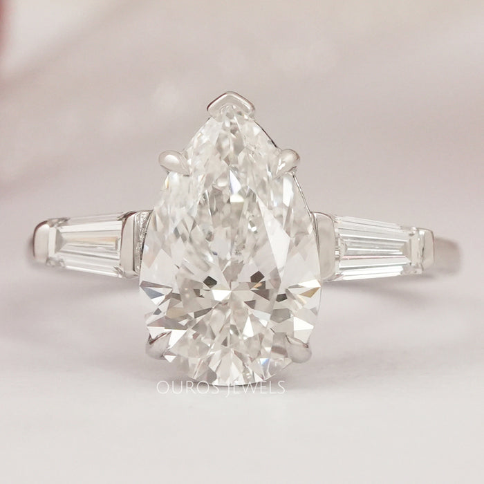 Three Stone Pear Diamond Engagement Ring - With Tapered Baguettes Rings