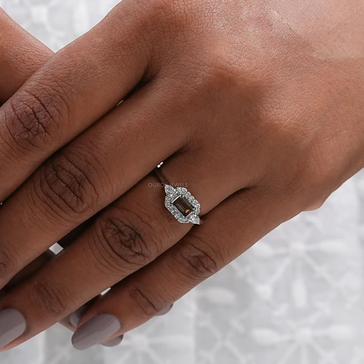 Champagne Emerald Shape Three Stone Engagement Ring Rings