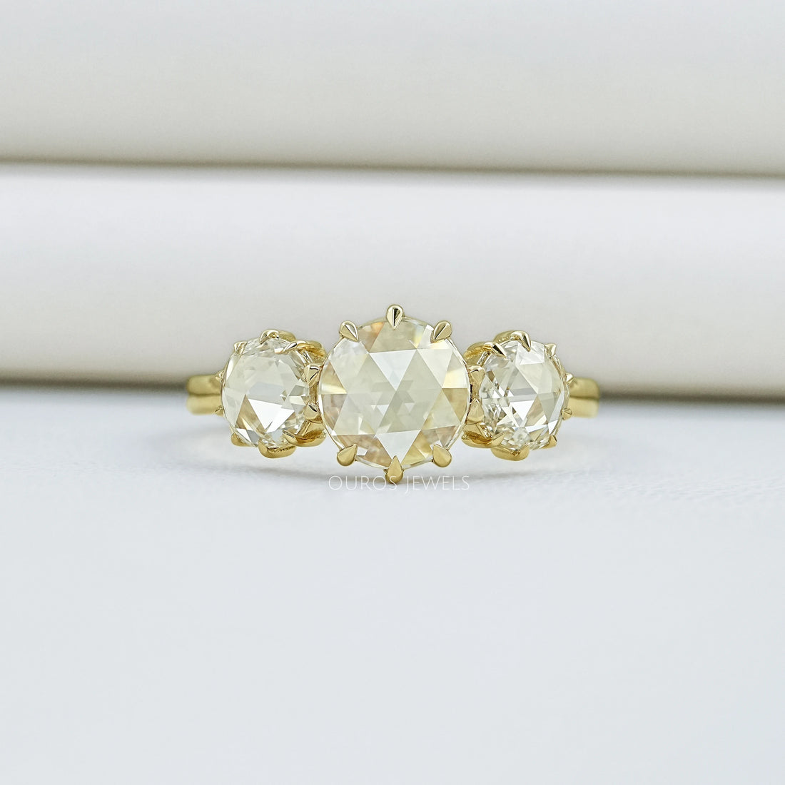 Three Stone Rose Cut Round Engagement Ring Ring