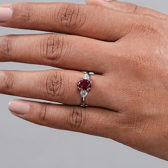 Oval Cut Red Ruby Three Stone Ring Ring