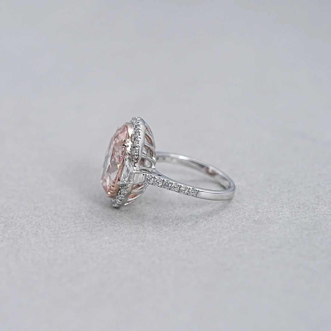 Trapezoid With Pink Oval Accent Halo Diamond Ring Rings