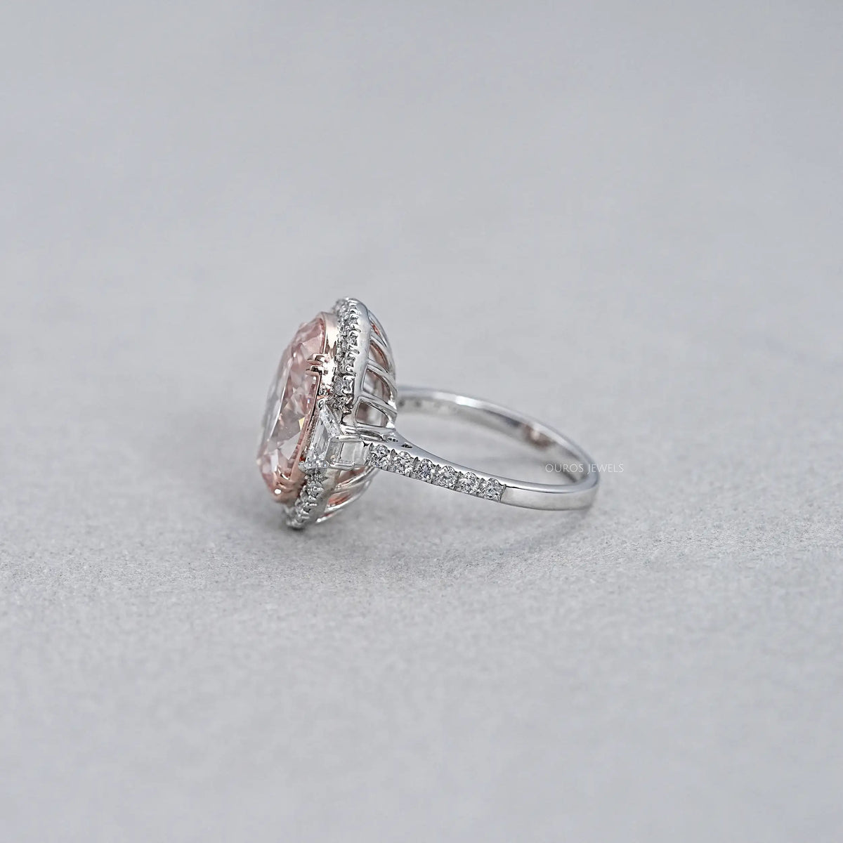 Trapezoid With Pink Oval Accent Halo Diamond Ring Rings