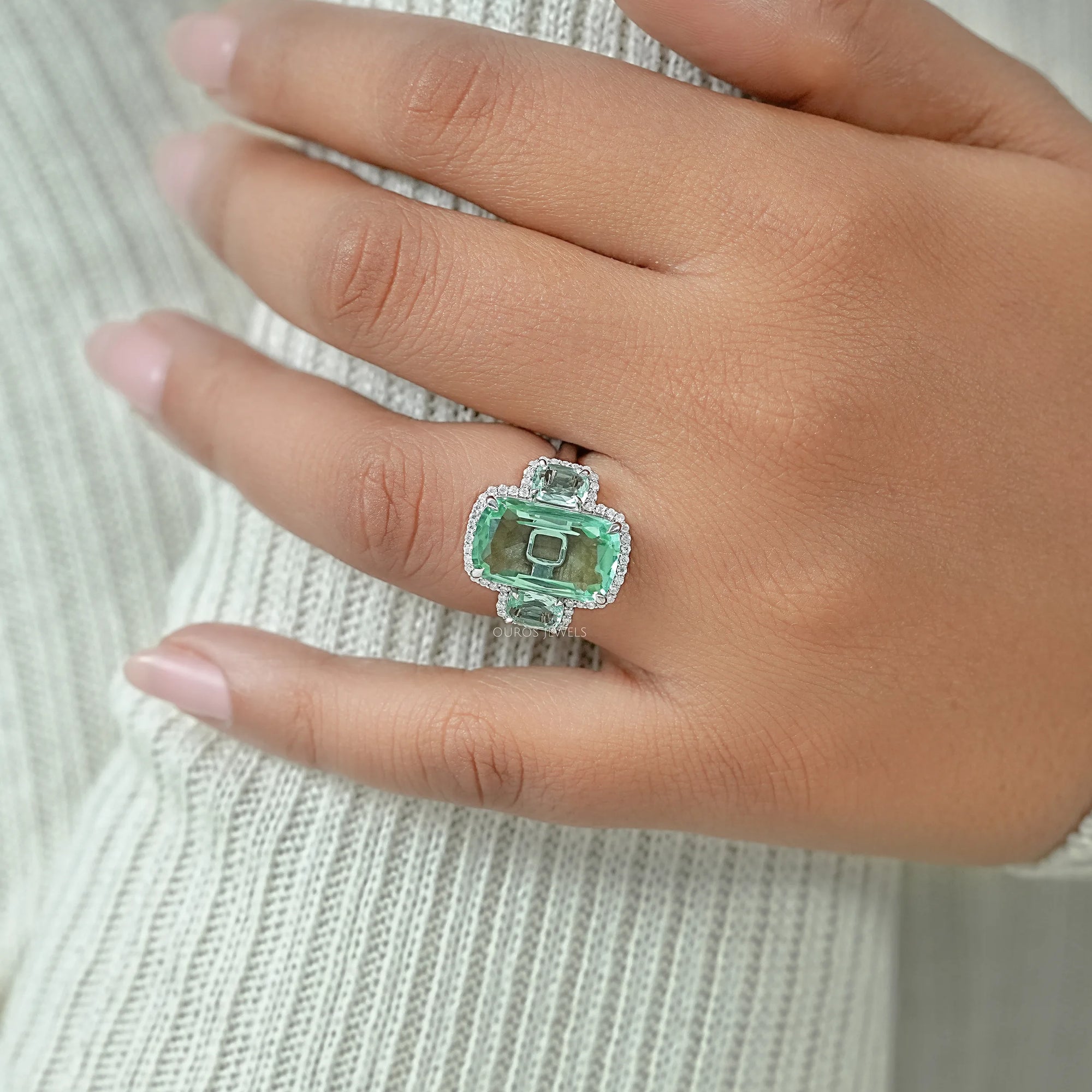 Trilogy Mint Green Cushion Gemstone Halo Ring