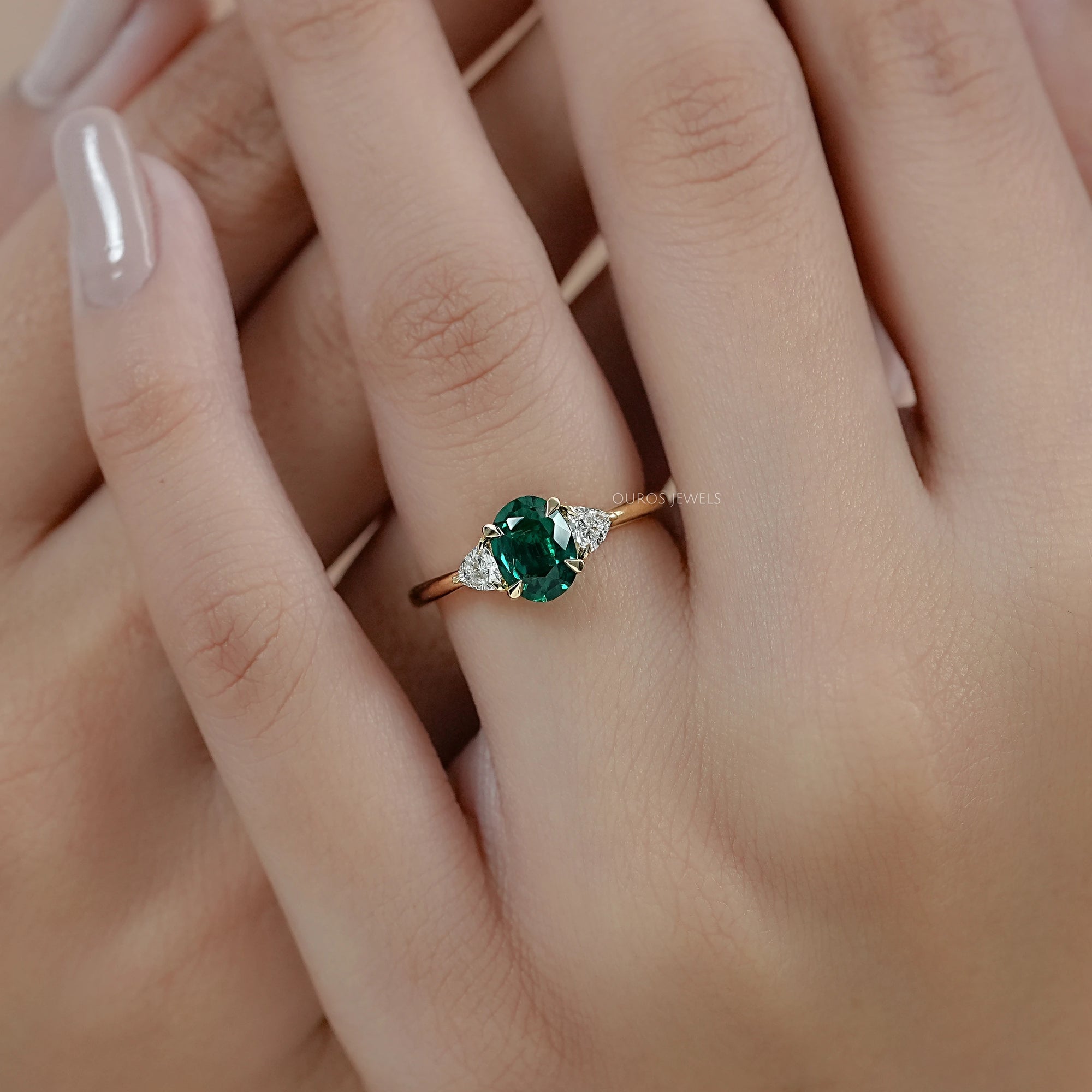 Trilogy Zambian Green Oval Gemstone And Trillion Cut Ring