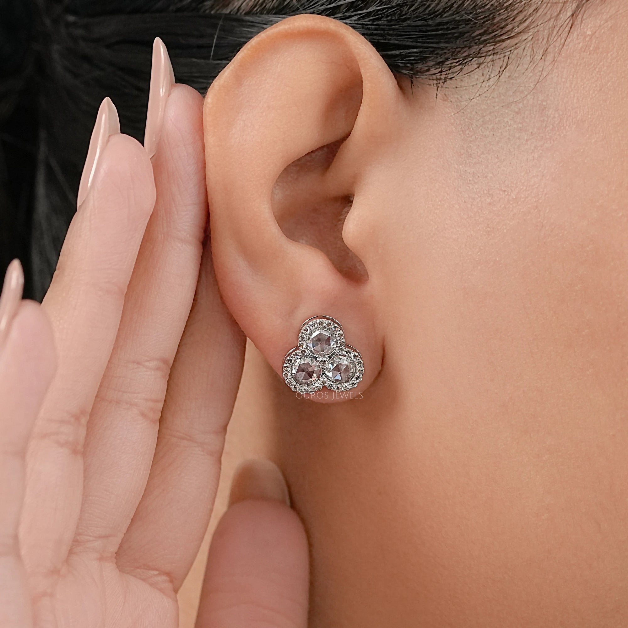 Trio Rose Cut Round Diamond Halo Stud Earrings Earring
