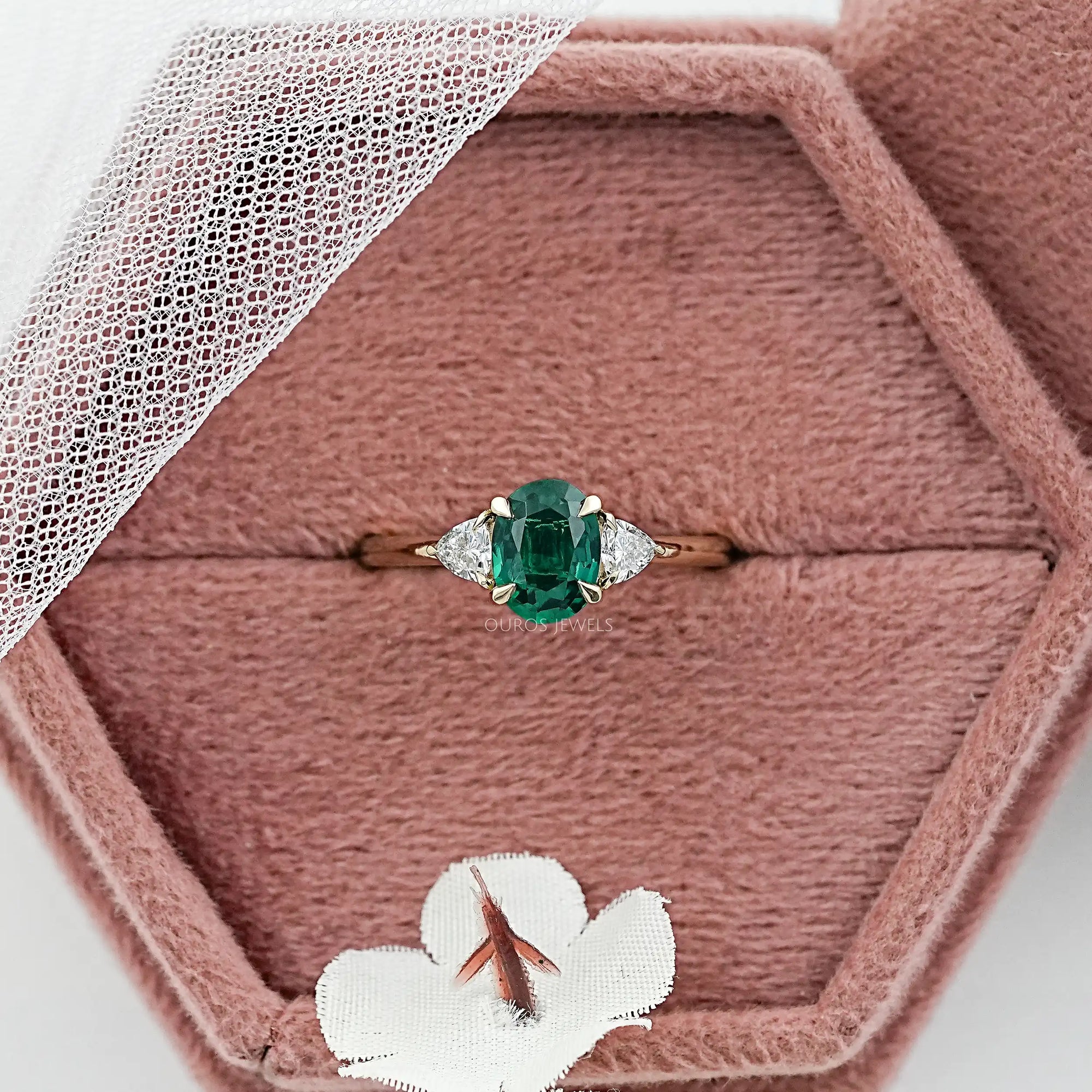 Trilogy Zambian Green Oval Gemstone And Trillion Cut Ring