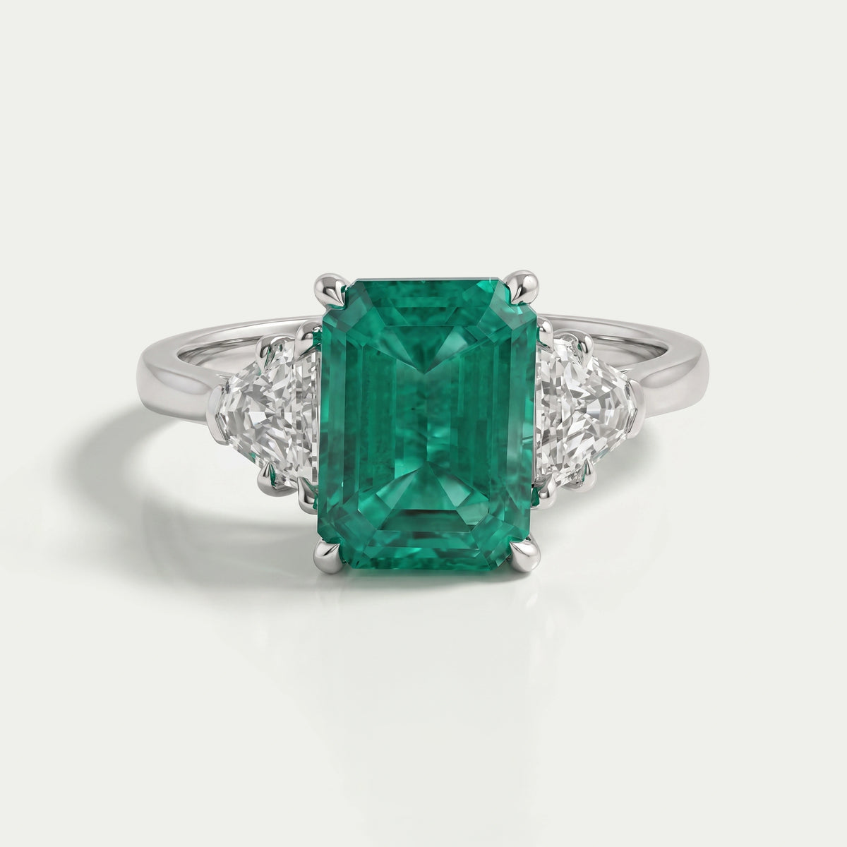 Green Emerald With Antique Diamond Three Stone Ring Ring