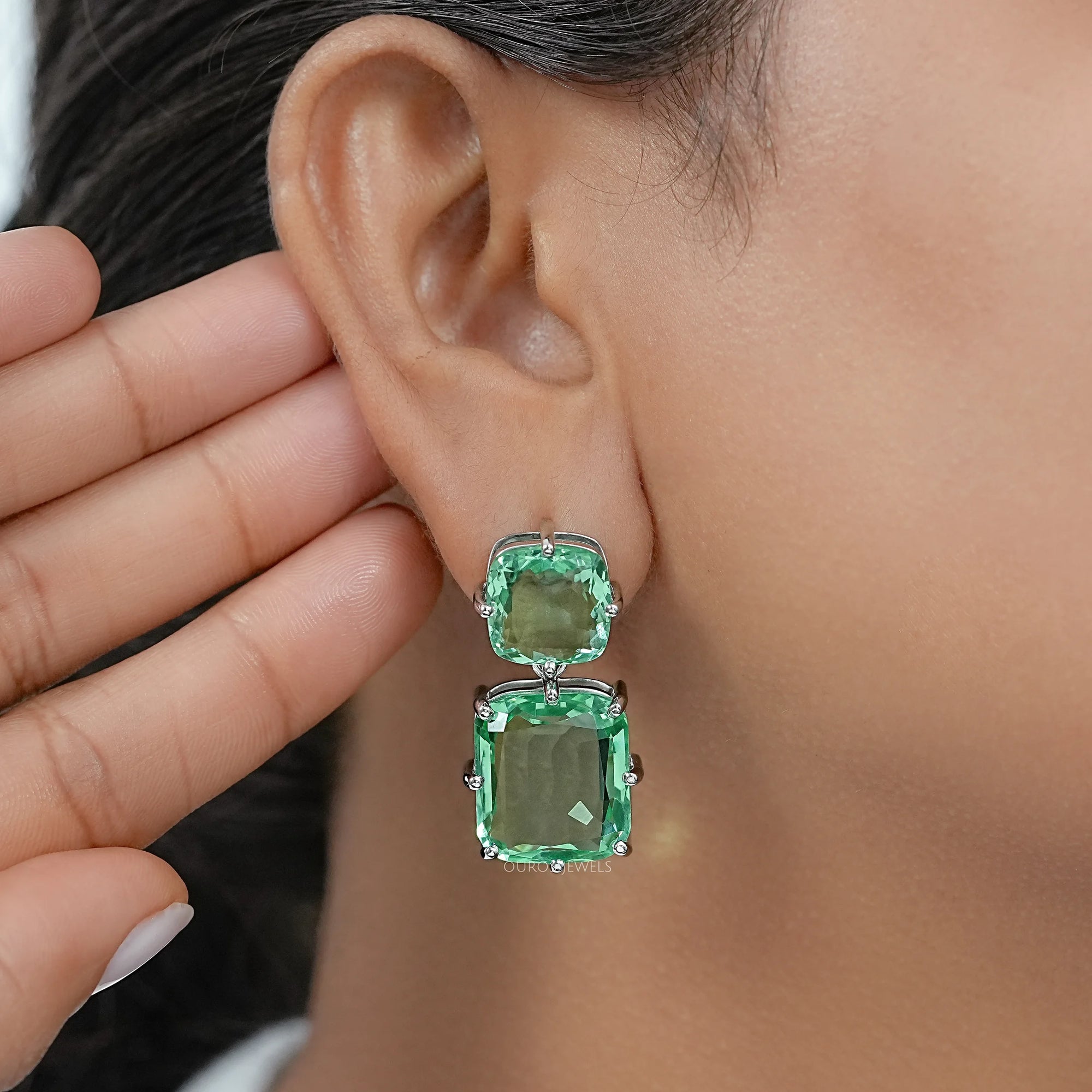 Mint Green Cushion Gemstone Drop Earrings