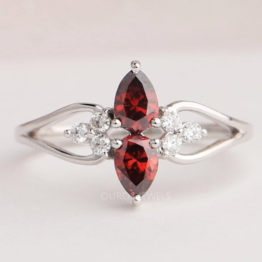 Two Stone Red Pear Diamond Dainty Ring