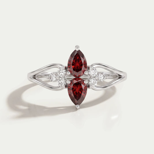Two Stone Red Pear Diamond Dainty Ring