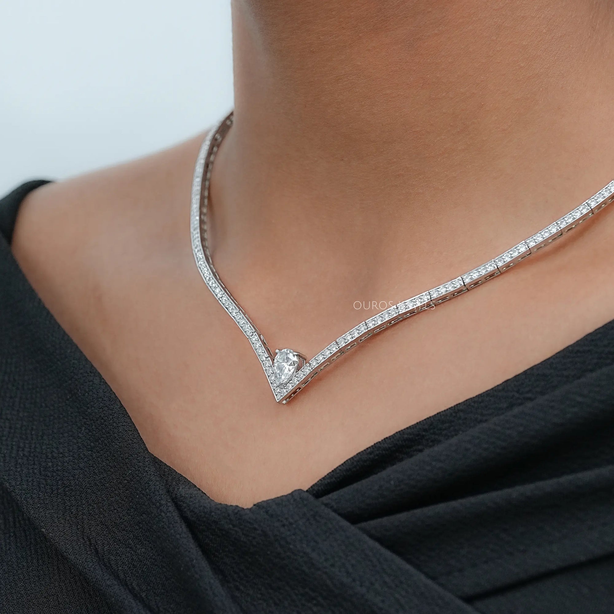 V - Shape Pear Diamond Drop Tennis Neckalce