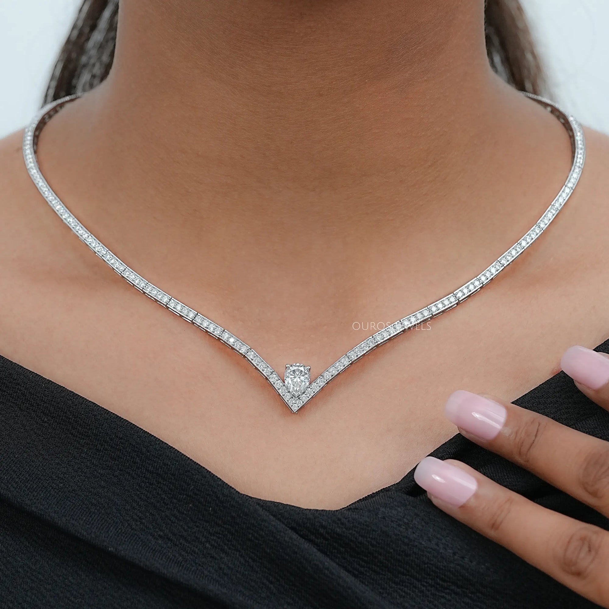 V - Shape Pear Diamond Drop Tennis Neckalce