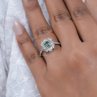 Oval Cut Green Half Moon Halo Engagement Ring Ring
