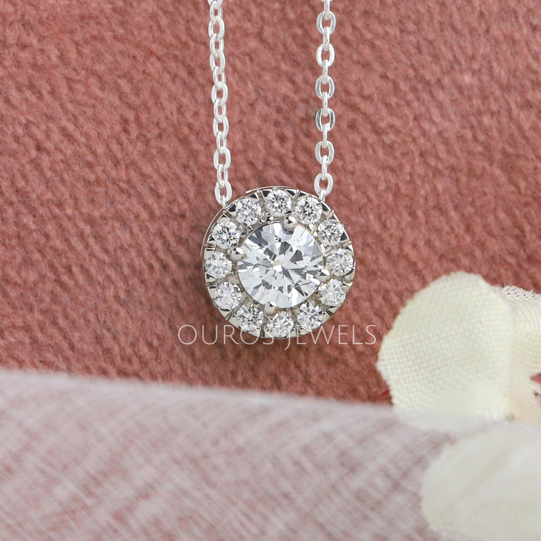 White Gold Halo Round Diamond Pendant Necklaces