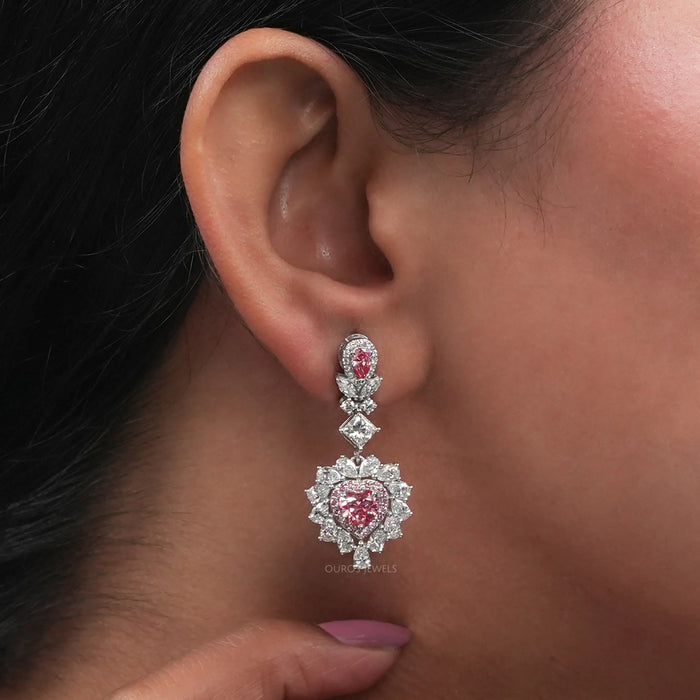 Pink Heart Cut Double Halo Drop Dangle Earrings Earrings