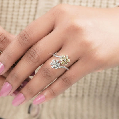 Flower Shape Yellow Pear Cut Lab Diamond Twin Bypass Ring