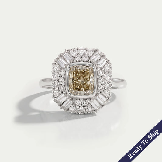 Yellow Cushion Cut Lab Diamond Bezel Set Cluster Ring Ring