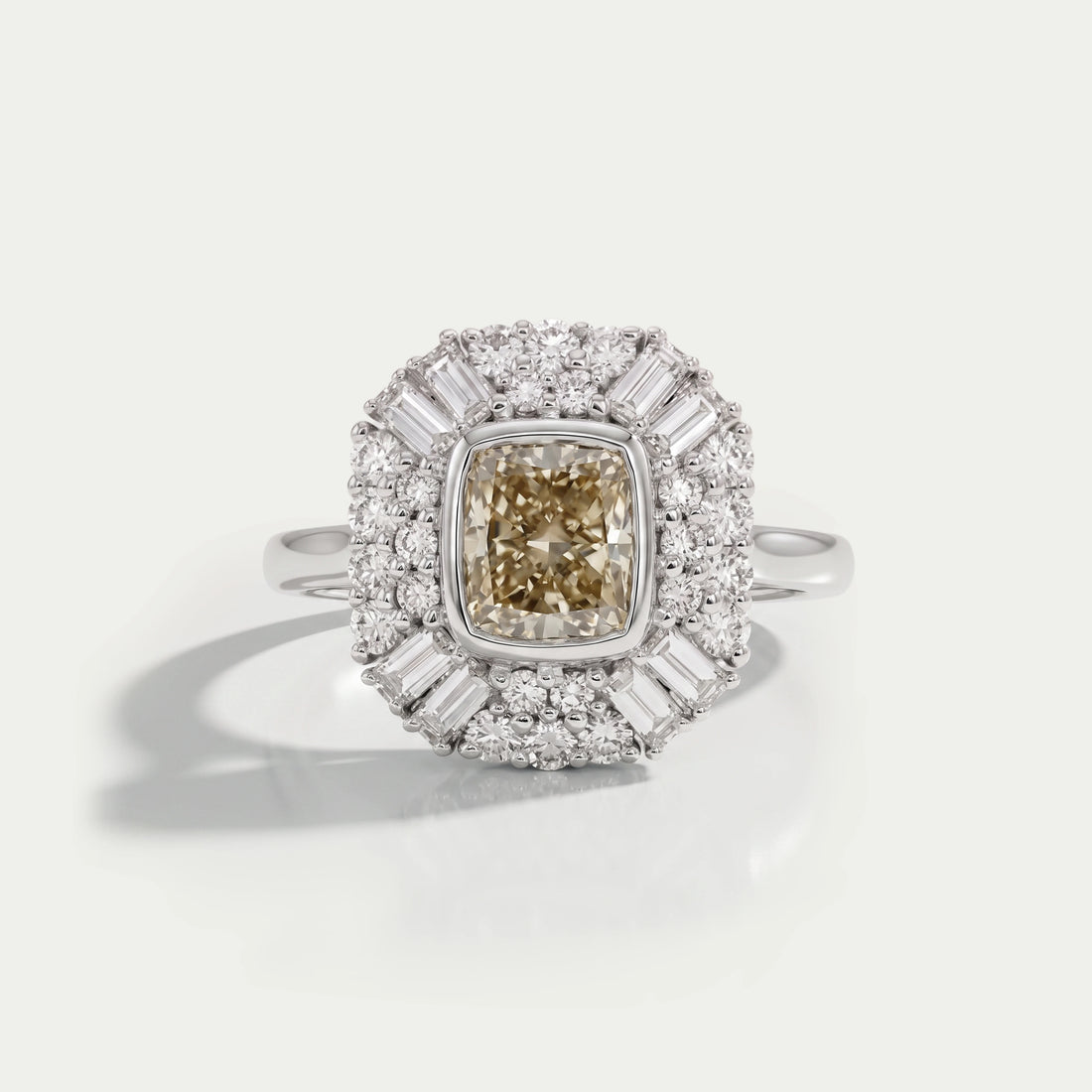Yellow Cushion Cut Bezel Set Cluster Diamond Ring