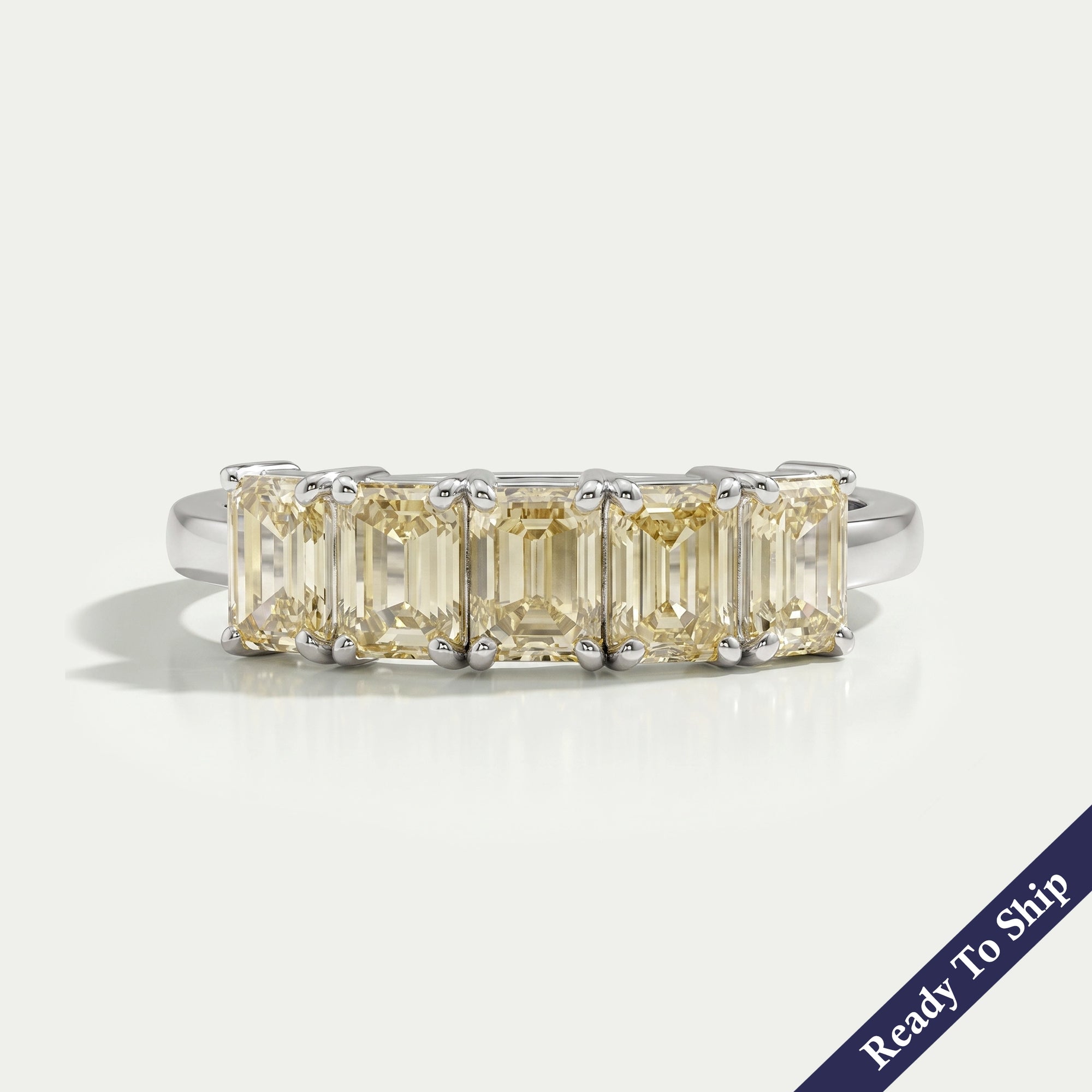 5 Stone Yellow Emerald Cut Wedding Ring
