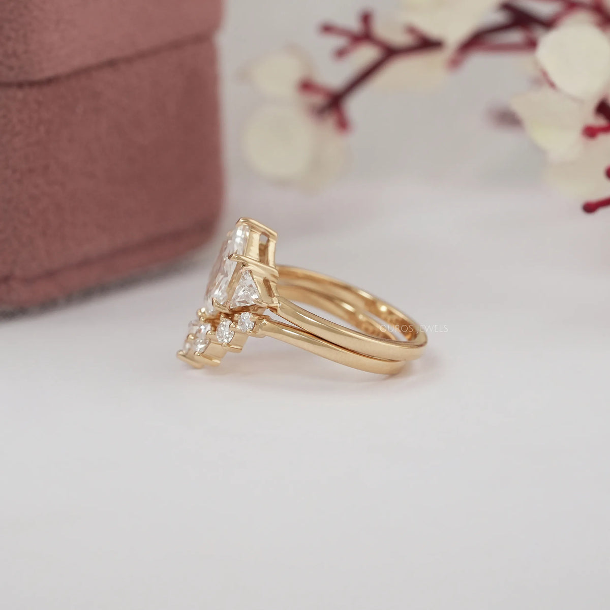 Antique Hexagon Cut Three Stone Curved Bridal Ring Set Rings