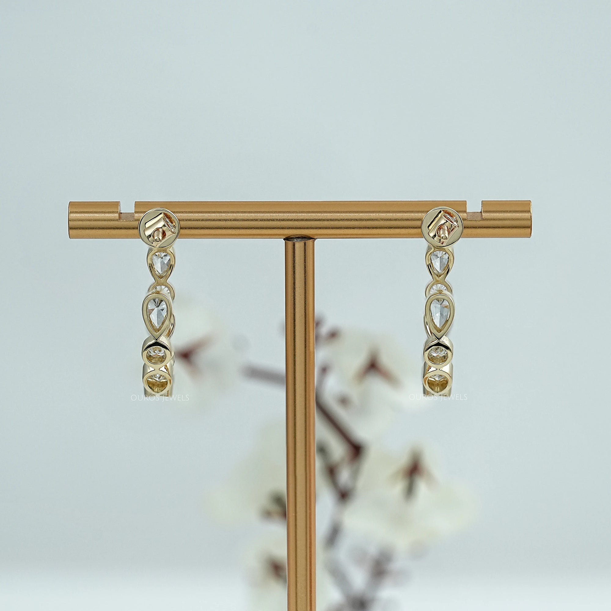 Pear And Round Diamond Bezel Set C Hoop Earrings