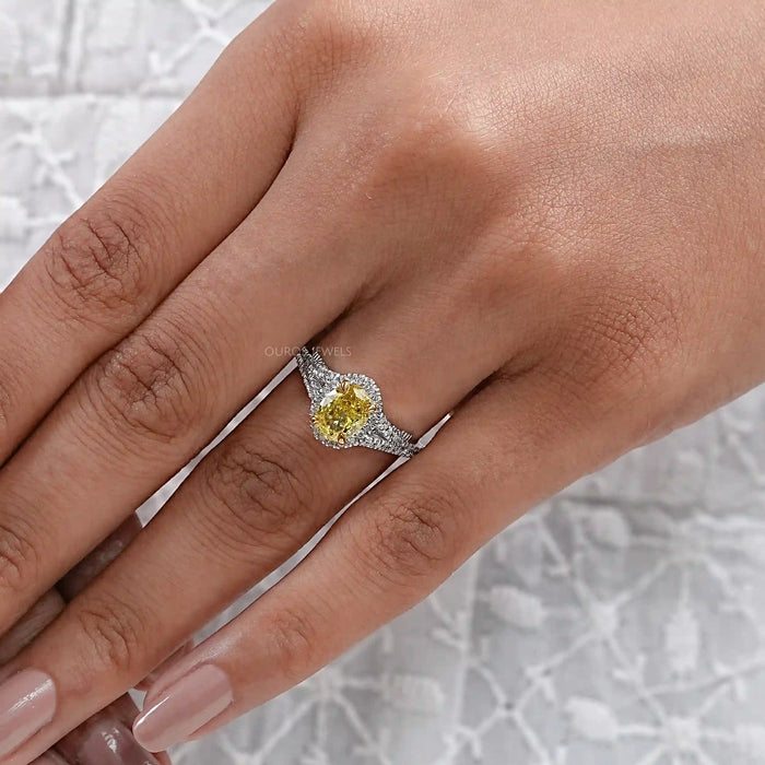 Yellow Oval Diamond Halo Split Shank Engagement Ring