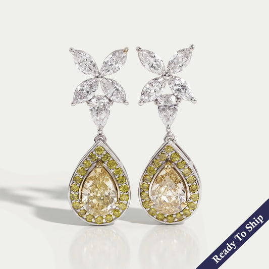Yellow Pear Diamond Halo Drop Earrings