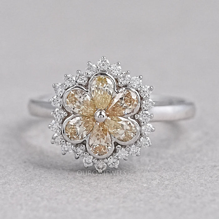 Yellow Pear Cut Floral Halo Diamond Ring Ring