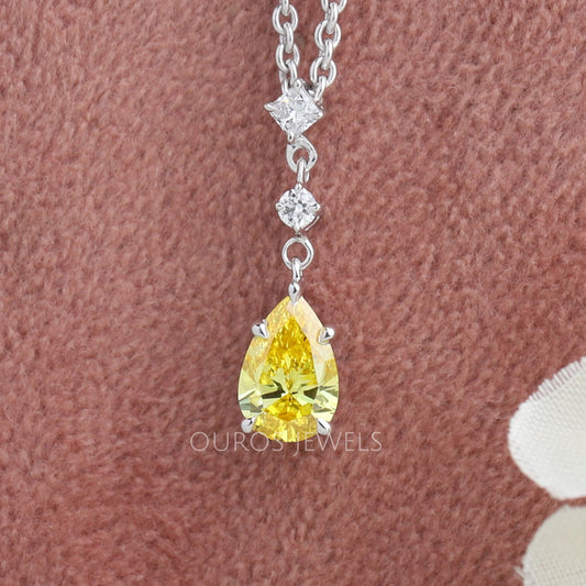 Yellow Pear Cut Three Stone Diamond Pendant Necklaces
