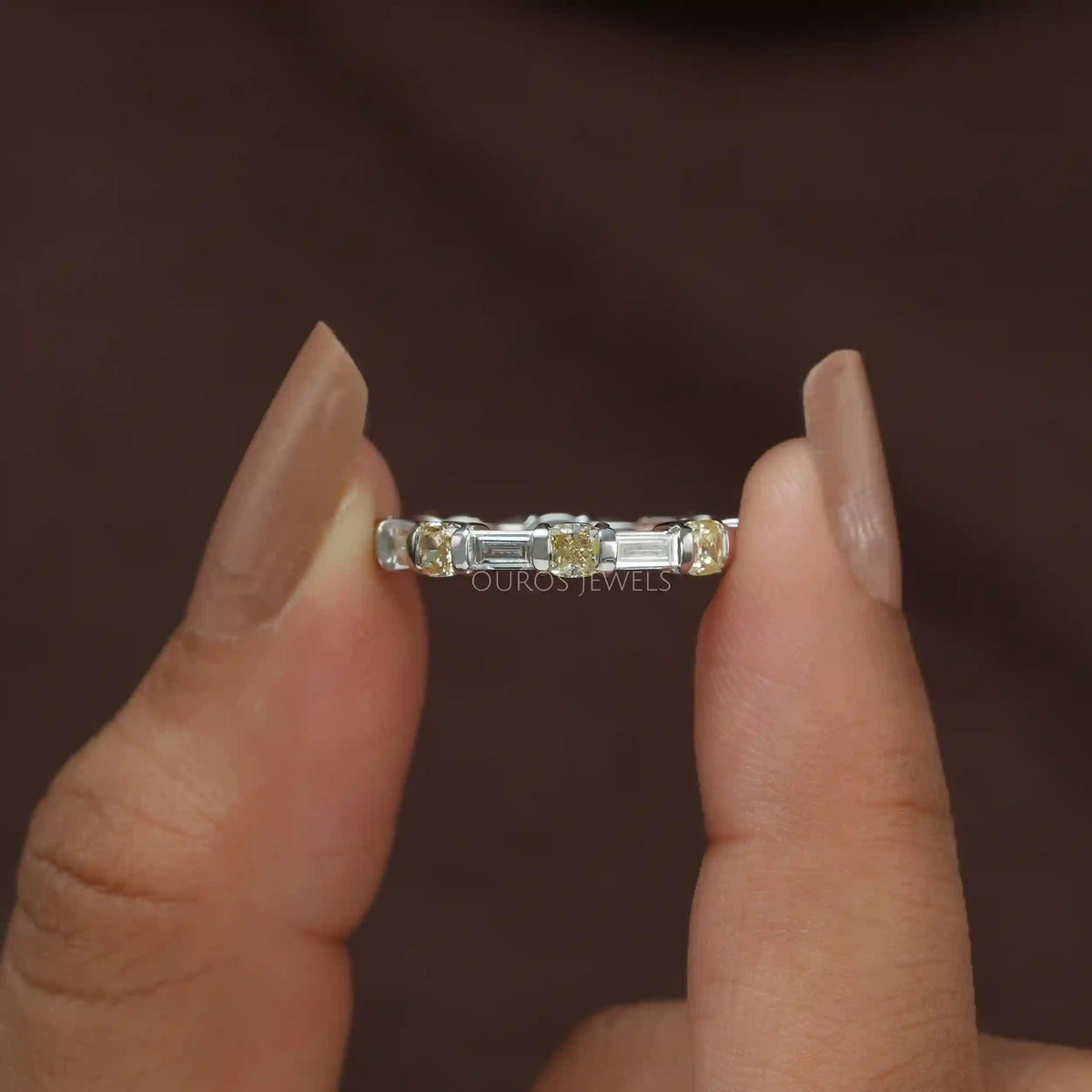 Yellow Cushion And Baguette Cut Lab Diamond Eternity Wedding Band