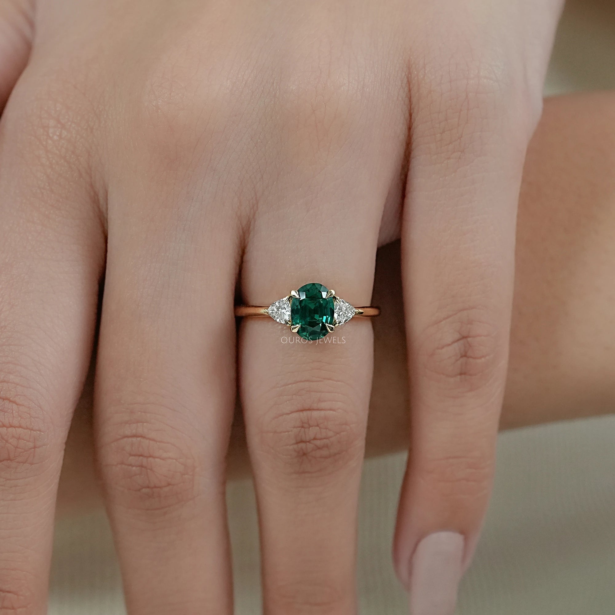 Trilogy Zambian Green Oval Gemstone And Trillion Cut Ring