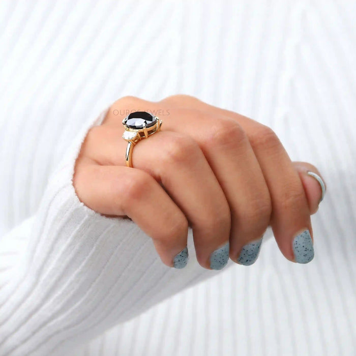 Three Stone Black Oval Cut Lab Diamond Engagement Ring Ring
