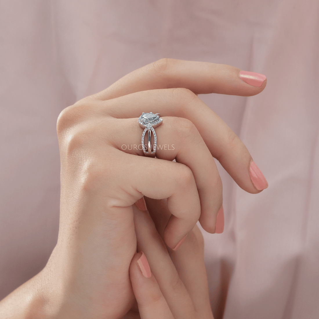 Blue Pear Cut Halo Accent Diamond Engagement Ring