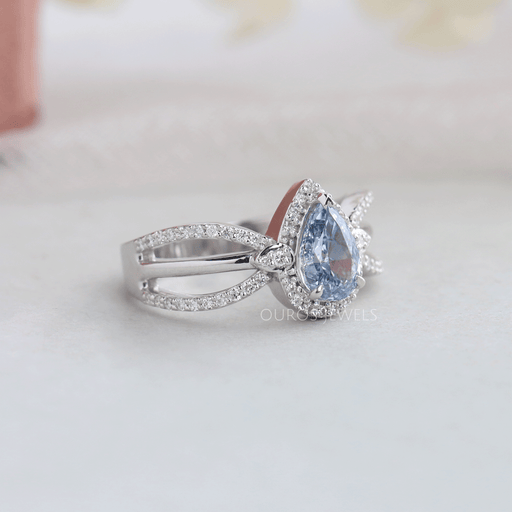 Blue Pear Cut Halo Accent Diamond Engagement Ring