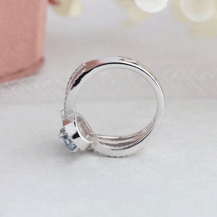 Blue Pear Cut Halo Accent Diamond Engagement Ring