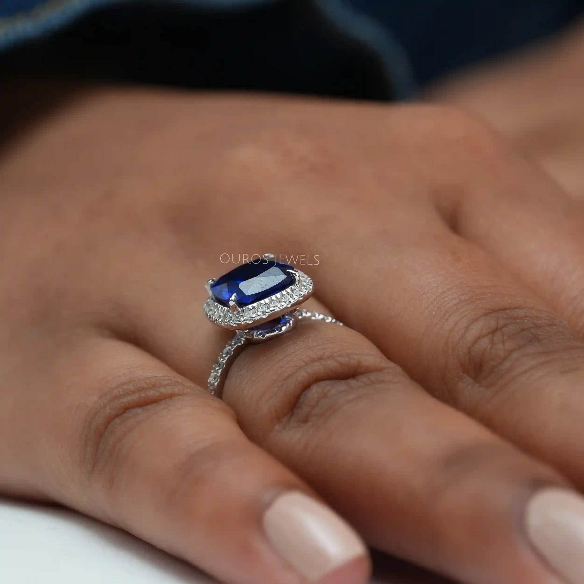 Blue Cushion Cut Halo Diamond Engagement Ring