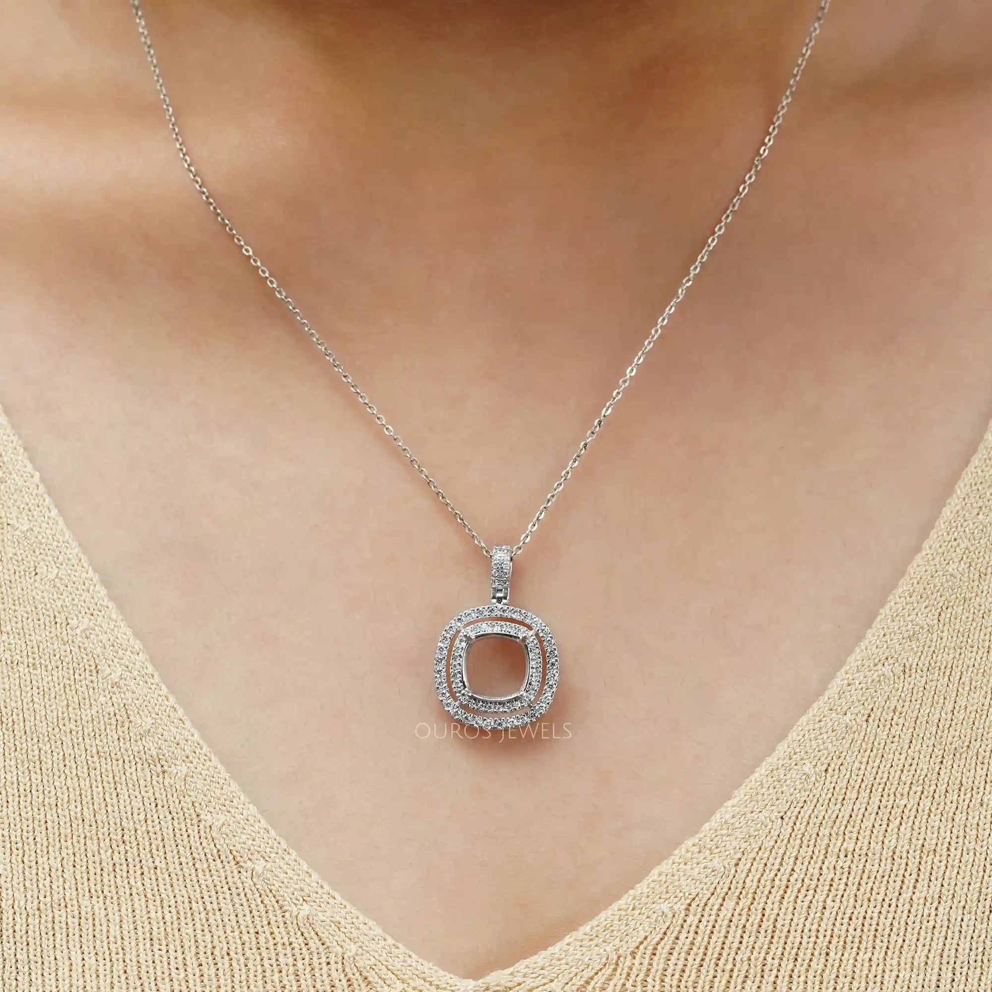 Cushion Shape Double Halo Semi Mount Pendant Necklaces