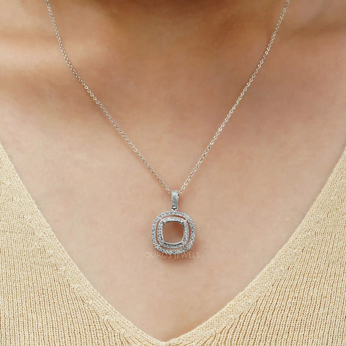 Cushion Shape Double Halo Semi Mount Pendant Necklaces