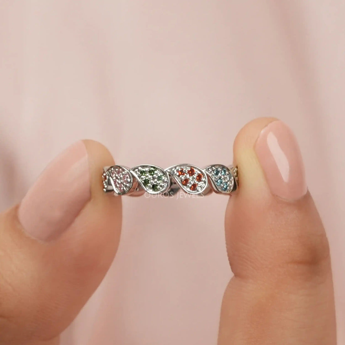 Round Cut Lab Grown Diamond Rainbow Wedding Band
