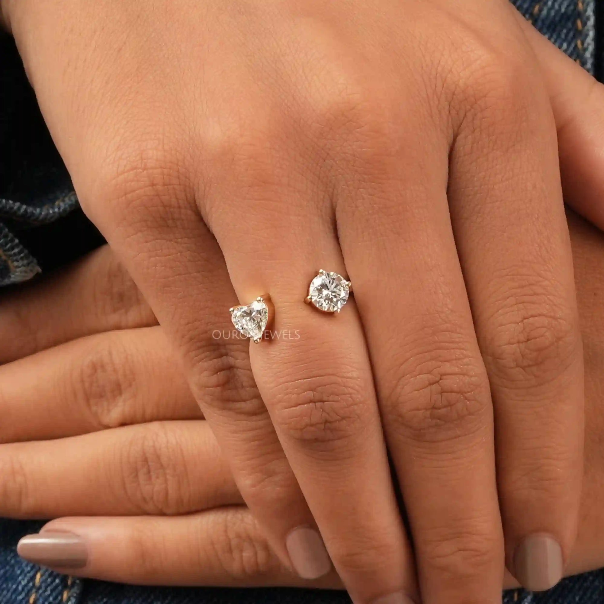 Heart And Round Cut Lab Grown Diamond Open Cuff Ring