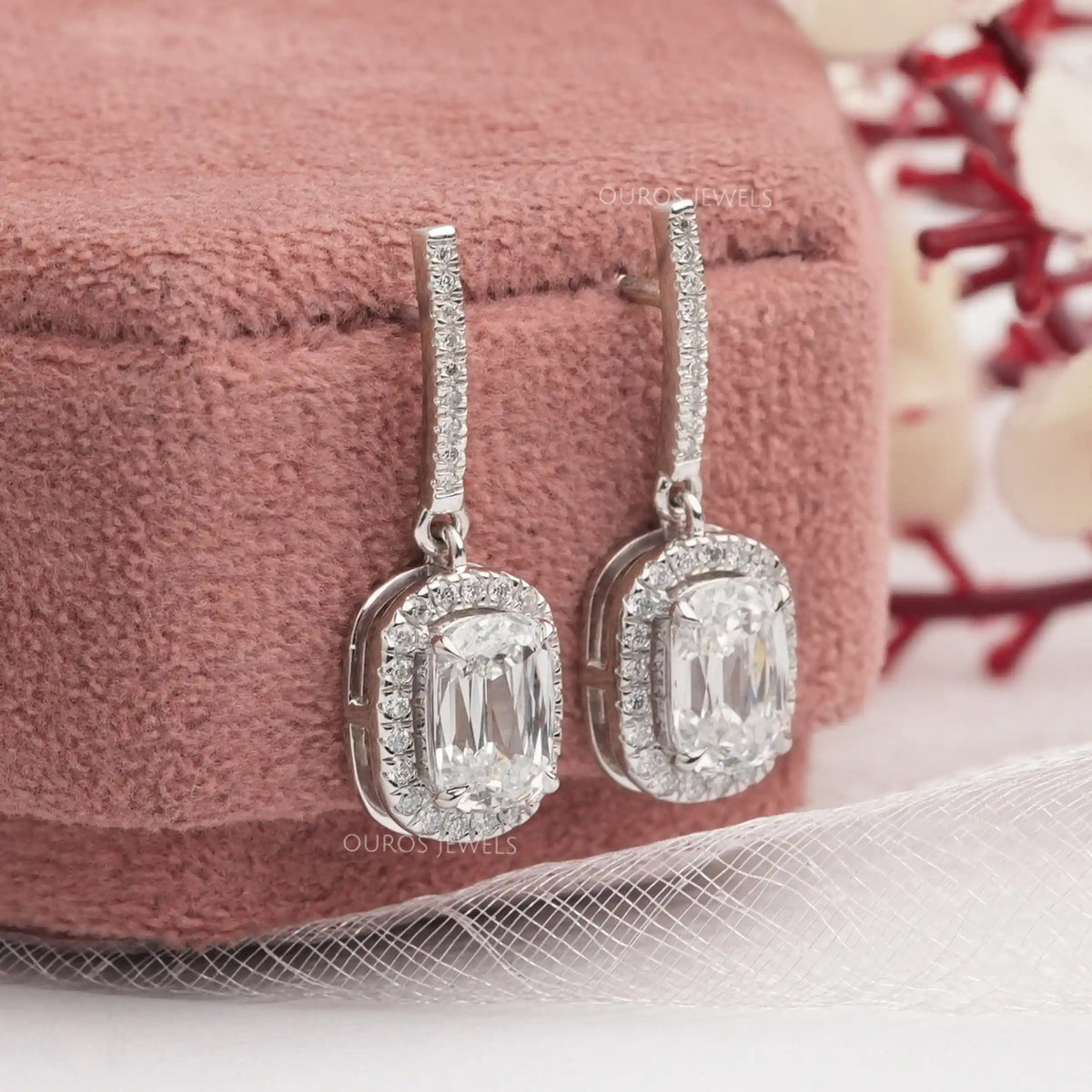 Halo Old Mine Cushion Cut Dangle Earrings Earrings